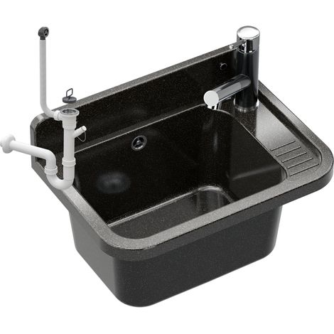 Évier de Garage - Noir Marbré - 50x34x31 cm - Résistant à la Chaleur - Robinet Extractible - Paron (1/5)
