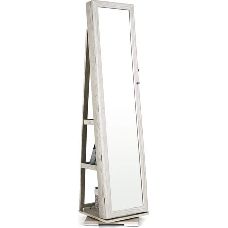 COSTWAY Armario de Joyero con Espejo y Estante de Escalera Gabinete de Joyería Giratorio con Cerradura para Anillos Ganchos de Cadena Pendientes Organizador