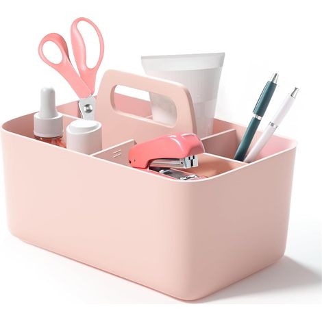 Organisateur de rangement empilable, boîte en plastique, panier avec poignée, séparateur amovible polyvalent pour bureau, salle de classe et placard, rose