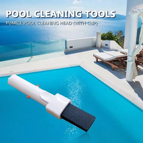 Pumice pool cleaner head with V-shaped pumice clip removes rust stains and calcium deposits from pool tiles. (1/5)
