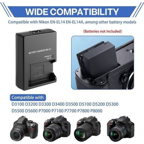 MH-24 Chargeur Rapide EN-EL14 EN-EL14A pour Nikon D3100 D3200 D3300 D3400 D3500 D5100 D5200 D5300 D5500 D5600 P7000 P7100 P7700 P7800 D850 Adaptateur Secteur, Bloc d’alimentation Appareil Photo Reflex (1/5)