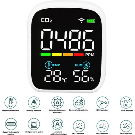 Moniteur de qualité d'air multifonction 8 en 1 avec USB et détection CO2 humidité pour Tuya - Détecteur NDIR autonome PM2.5 PM10 connecté WiFi (1/4)