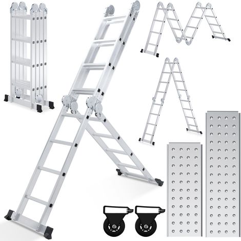 Randaco Multifunktionsleiter Aluminium,Mehrzweckleiter 470cm, 6 in 1 Klappleiter mit 2 Rollen und Plattform, 4 x 4 Silber-Klappbare Vielzweckleiter bis 150KG