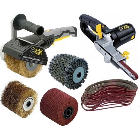 Fartools – Rénovateur REX120C 1300W – Ponceuse à bande 400W – 4 brosses pour bois, métal, béton – Vitesse variable 300-1700 tr/min – 30 bandes incluses - YO400