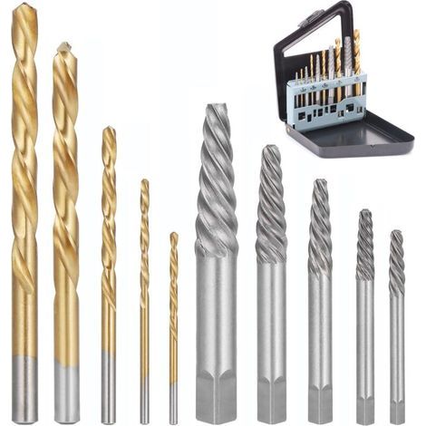 Juego de 10 extractores de tornillos con brocas de cobalto, extractor de metal de rosca izquierda, juego de brocas de rosca izquierda para tornillos dañados, brocas HSS, negro (1/4)