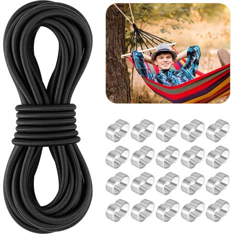 Tendeur Élastique 8 mm x 10M Noir, Corde Elastique pour Bache avec 20 M9 Manchons Aluminium, Elastique Corde en Caoutchouc pour Bâche Tente, Bâche de Remorque (1/5)