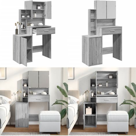 Coiffeuse avec armoire sonoma gris 80x35x132 cm - Rangement chambre - Miroir maquillage (1/5)
