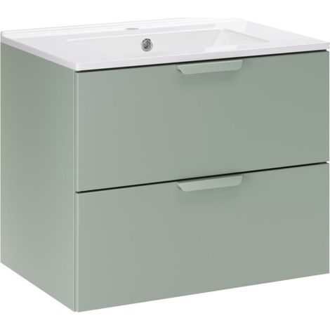 Ensemble de salle de bain suspendu OSTER 60cm : meuble sous vasque à tiroirs vert sauge + vasque encastrée blanche Aufhängbares Badezimmer-Set OSTER 60cm: Waschtischunterschrank mit salbeigrünen Schub