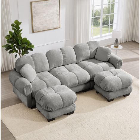 U-förmiges 3-Sitzer-Sofa mit beweglicher Ottomane und 2 Deko-Kissen, Chenille, Hellgrau OKMYHOME (1/5)