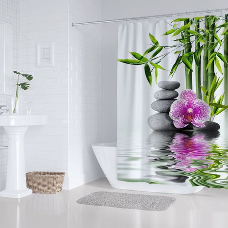 Anti-mold, waterproof polyester shower curtain 180x200 cm – orchid & bamboo pattern, white and green, machine washable