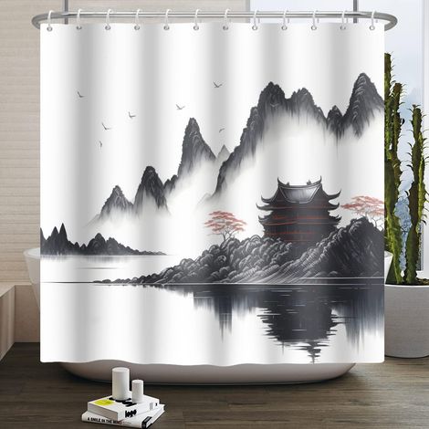 150x180cm Rideau de Douche Paysage Rural Brouillard Montagne Falaise Rideau de Douche extérieur Paysage idyllique Photo Salle de Bain Art Déco Rideau de Douche avec Crochet (1/5)