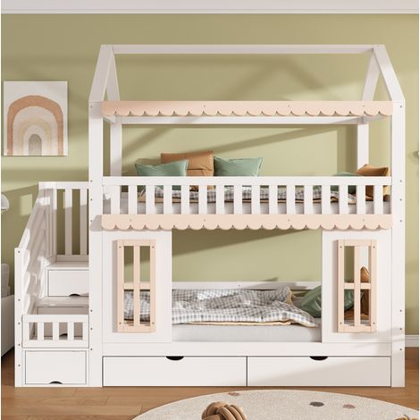 Kinder-Etagenbett Haus 90x200 cm mit Stauraumtreppe, 2 Schubladen, Weiß/Natur HAVRYA (1/5)