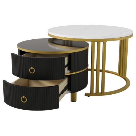 Ensemble 2-en-1 Table basse et Table d'appoint rondes en MDF — Finition haute brillance et plateau effet marbre blanc — Ensemble de tables basses pour salon (inclut 2 tiroirs)