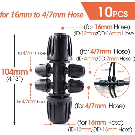 (16 mm à 1/4 pouce - 6 voies - 1/2 pouce) 10 raccords de tuyau PE 16 mm à verrouillage, 4/6 voies, pour tuyau d'arrosage, té et répartiteur d'eau (1/5)