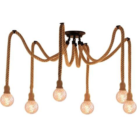 royaluxe- Lampe À Suspension en Corde de Chanvre 6XE27 Plafonnier Vintage Lampe Suspendue Rétro Pour Salon, Salle À Manger, Bar, Balcon