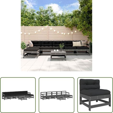 vidaXL Gartenstuhl - 7-tlg. Garten-Lounge-Set mit Kissen Grau Massivholz (1/5)