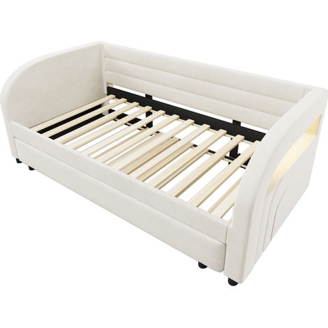 Polsterbett 90x200 mit Ausziehbett und LED-Beleuchtung, beige, MODENUIT (1/5)