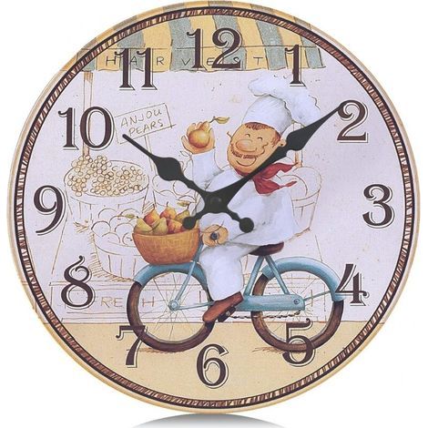 Horloge Murale Cuisine 30cm Bois Jaune Silencieuse Pendule Quartz Modèle Chef Rustique Salle à Manger (1/4)