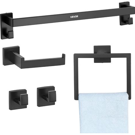 Accessoires de Salle de Bain 5PCs, Porte-serviettes Mural en Inox 59,5 cm avec Support Serviette, 2 Crochets pour Peignoir et Porte-papier Toilette, Kit de Quincaillerie de Bain, Noir Mat (1/5)