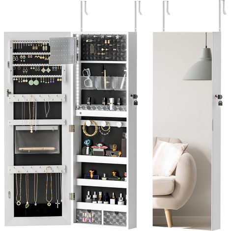 108 x 37cm Lockable Jewellery Cabinet, with LED Lights - White Surface and Black Lining