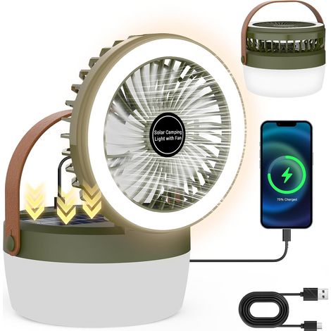 Ventilateur de camping solaire avec lumière LED – Ventilateur portable rechargeable avec 3 vitesses, 4 modes d'éclairage, USB et solaire, pliable et suspendu pour camping, voyage, plage