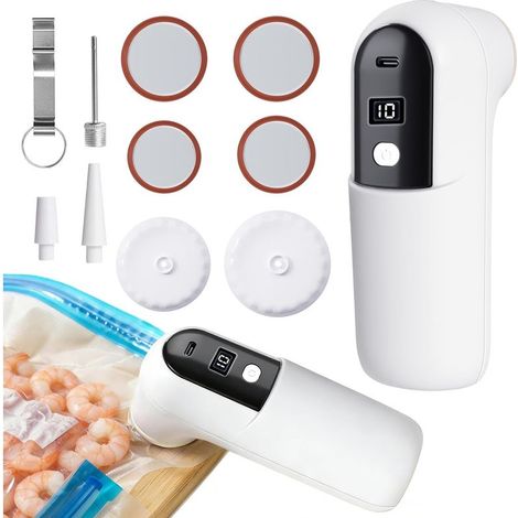Kit de mise sous vide 6 en 1, mini machine à emballer sous vide, pour bocaux de conservation avec 4 couvercles et 3 buses, gonfleur Quick-Fill pour verres, sacs sous vide, lit gonflable, chargement (1/5)