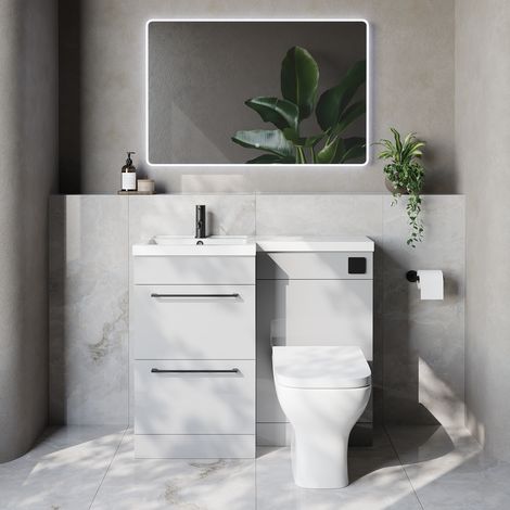 Napoli 390 Gloss Grey Pearl 1000mm 2 Drawer Vanity Unit Toilet Suite with Left Hand Square Lucia Basin - 1000mm - Matt Black 320mm HandleWith Kingston Toilet Pan and Seat