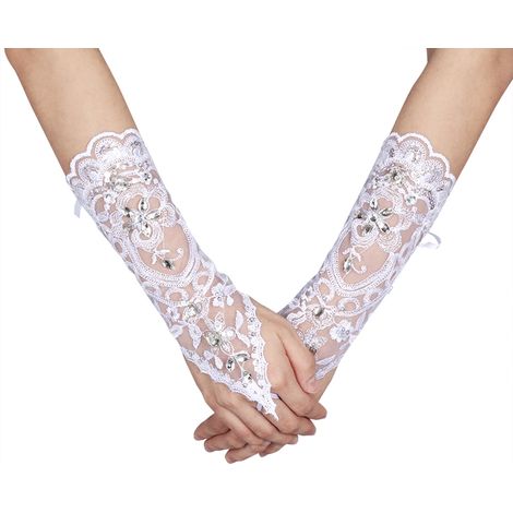Gants sans doigts vintage en dentelle ivoire, ornés de fleurs et strass, sexy pour mariée, accessoire de cérémonie nuptiale.