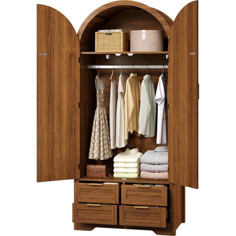 Armoire moderne courbée, spacieuse, avec tringle porte-vêtements et tiroirs, meuble de rangement luxueux pour chambre ou entrée.