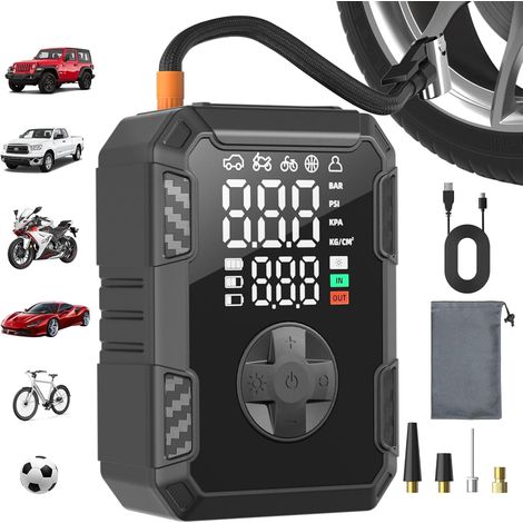 Kabelloser Mini-Luftkompressor für Autoreifen, tragbar, 150 PSI (10,3 bar), Schnellaufblasfunktion, 19-mm-Zylinder, Anzeige von 2 Werten, USB-C-Ladeanschluss, 30-cm-Schlauch und Aufbewahrungstasche