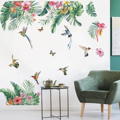 Stickers Muraux Feuilles Tropicale Autocollant Mural Plantes Verte Tropicales Fleurs Oiseaux Décoration Murale Chambre Salon Bureau (1/4)