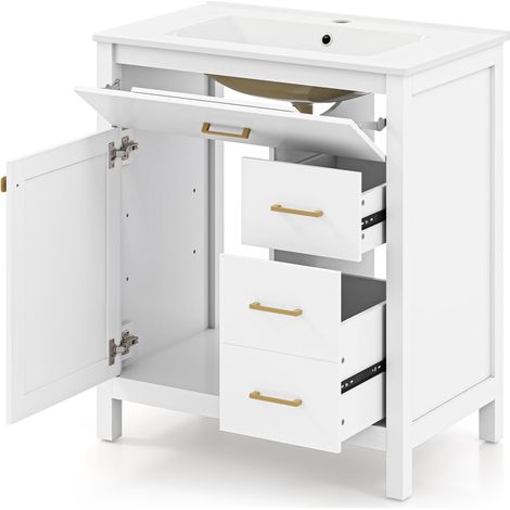 Meuble de Salle de Bain avec Lavabo, Meuble sous Lavabo avec Évier en Céramique, 2 Tiroirs et Portes, 76 x 46,5 x 86 cm, Ensemble de Meuble de Salle de Bain, Blanc (1/5)