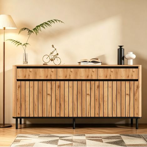 REDOM Aparador 160x40x73 cm, 3 cajones y 3 puertas de lamas, 6 patas de metal, MDF, color madera natural (1/5)