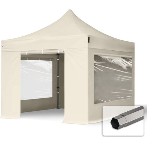3x3 m Faltpavillon, PREMIUM Stahl 40mm, Seitenteile mit Panoramafenstern, creme