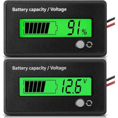 Compteur de Batterie DC 12V 24V 36V 48V 72V avec Alarme Indicateur Moniteur de Capacité de Batterie Voltmètre de Batterie et Indicateur de Batterie au Lithium-Ion (Lumière Verte)