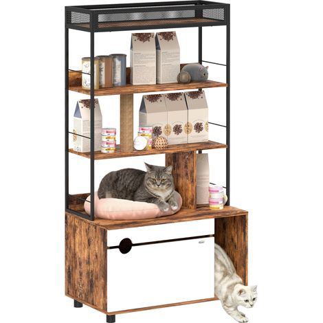 Katzentoilette mit 3-stufigem Regal und Kratzbaum, geschlossen, 80 x 48 x 152 cm, braun