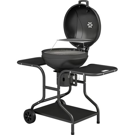 Barbecue fumoir charbon bois avec tablettes latérales, couvercle, thermomètre, roulettes 129x63,5x106,5 cm