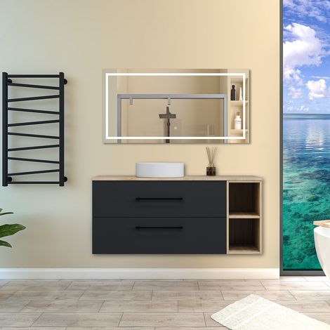 Aica Ensemble meuble de Salle de Bain Suspendu avec Vasque + 2 Rangements Ouverts, 120x46x52cm, Miroir LED Dimmable