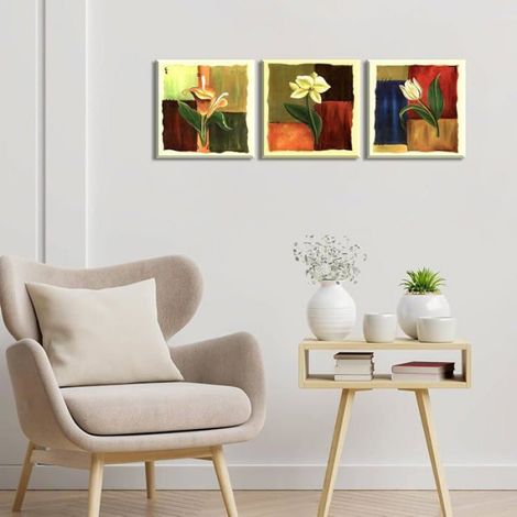 Tableau Sur Toile - Abstrait Fleurs - 3 Pièces 30x30 Cm - Décoration Murale Moderne - Pour Salon Chambre Cuisine Bureau - Ensemble (1/5)