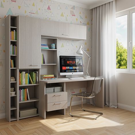 Angolo studio multifunzionale con libreria a profondità variabile e cassettiera integrata - Rovere rock