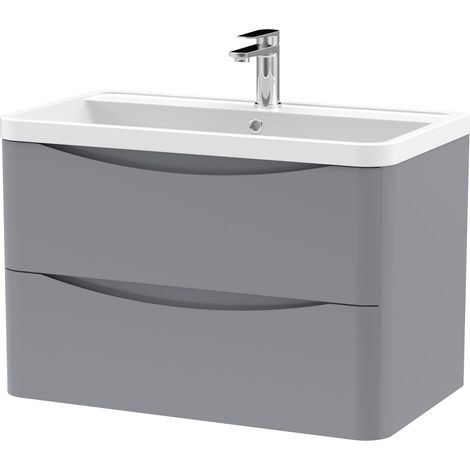 Nuie Lunar Satin Grey 800mm Wall Hung 2 Drawer Vanity Unit and Polymarble Basin - LUN204 (1/3)