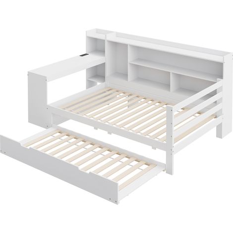 Cama multifuncional blanca 90 x 200 cm con escritorio, almacenaje, estantes, enchufe y cama nido (1/5)