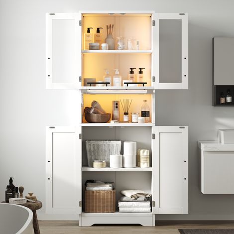 Meuble de salle de bain 60×30×170cm autoportant,LED connectée,portes vitrées et étagères réglables. Style nordique minimaliste blanc.