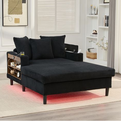Méridienne 170x129x70 cm noire en velours côtelé avec LED, USB, rangement et porte-gobelets (1/5)