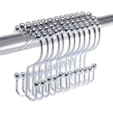 12 crochets de rideau de douche double couche. Anneaux de rideau de douche en acier inoxydable de haute qualité. Roulements à billes coulissants sur la tringle à rideau de douche rétractable. (1/5)