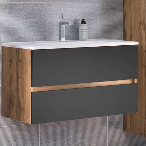 Waschtisch mit Mineralgussbecken 100 cm LOUROSA-03 in Wotaneiche Nb. mit matt grau, B/H/T: ca. 100/56/47 cm (1/5)