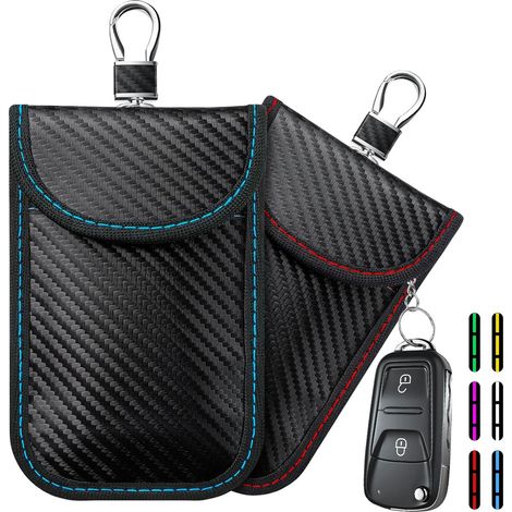 CSPARKV Lot de 2 Etui Anti RFID Clé Voiture Signal Blocage Faraday Pochette Sac, Pochettes Blocage Signal RFID pour Clé Voiture, Étui de Protection Anti RFID en Fibre de Carbone (Rouge + Bleu）