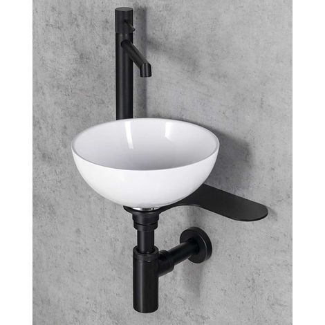 Sapho Tetris - Set lavabo e supporto, diametro 26 cm, senza troppopieno, ClickClack, bianco/nero opaco TZ424-01 (1/5)