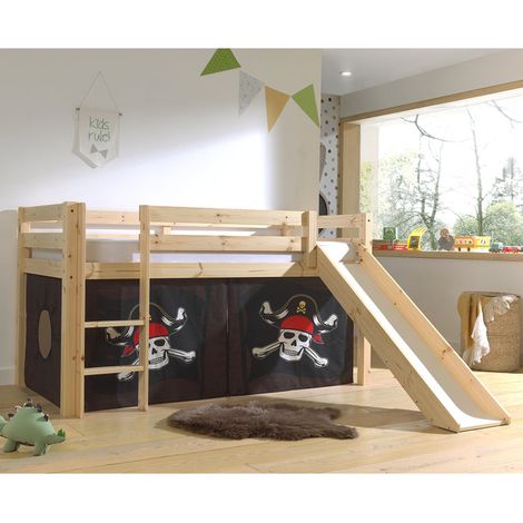 Cama de media altura 90x200 con tobogán, somier y funda Pirata Vipack Pino Madera (1/4)
