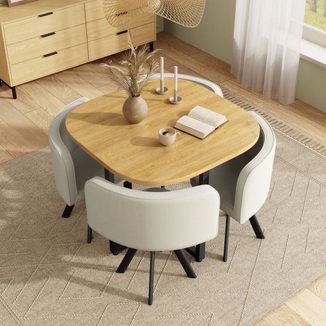 Set table à manger 85x85x74cm + 4 chaises en lin, plateau chêne, pour cuisine et salle à manger, Pour 4 personnes, beige+chêne